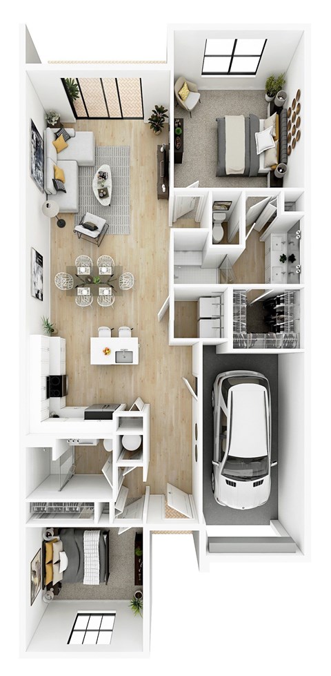 a floor plan of a house with a car in the garage